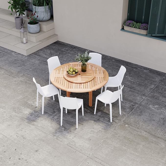 Urban Elements Melbourne 7-Piece Patio Furniture Set | Teak Finish 100% FSC Eucalyptus Wood | Backyard Furniture, Outside Table and Chairs, Round Outdoor Dining Set, White