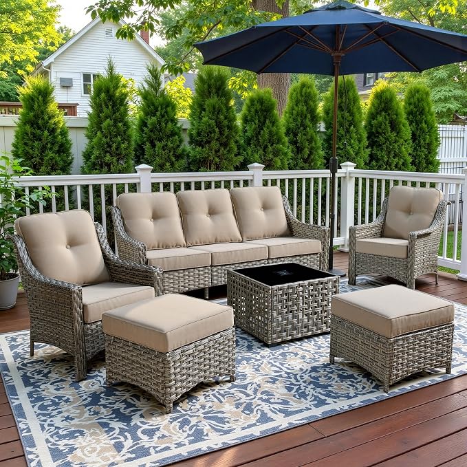 6 Piece Patio Furniture Set with Solar Lights Coffee Table, Outdoor Wicker High Back Sofa Chairs Ottomans with Cushions, All Weather Conversation Set for Backyard Porch Deck, Beige