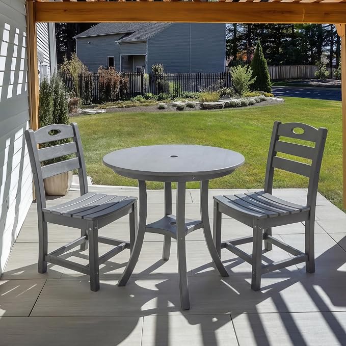 3-Pcs Outdoor Patio Dining Table Set of 3, Outdoor Patio Round 29.72'' Dining Table Bistro Set and Armless Chair for Lawn Garden Backyards, HDPE Material & 1.96'' Umbrella Hole, Gray