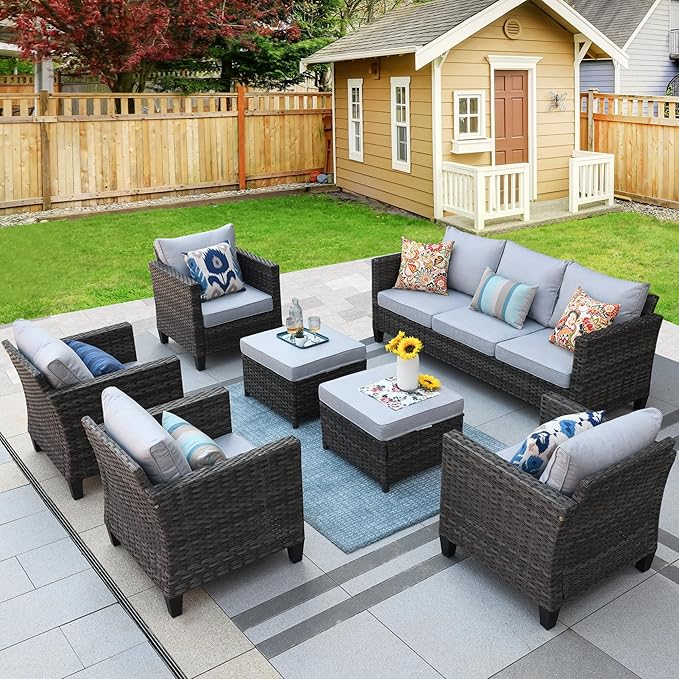 HOOOWOOO Wicker Patio Conversation Sets,7 Piece Outdoor Furniture Set with Ottoman,All Weather Resistant Modern Outside Out Door Rattan Couch Chairs Set,Light Gray