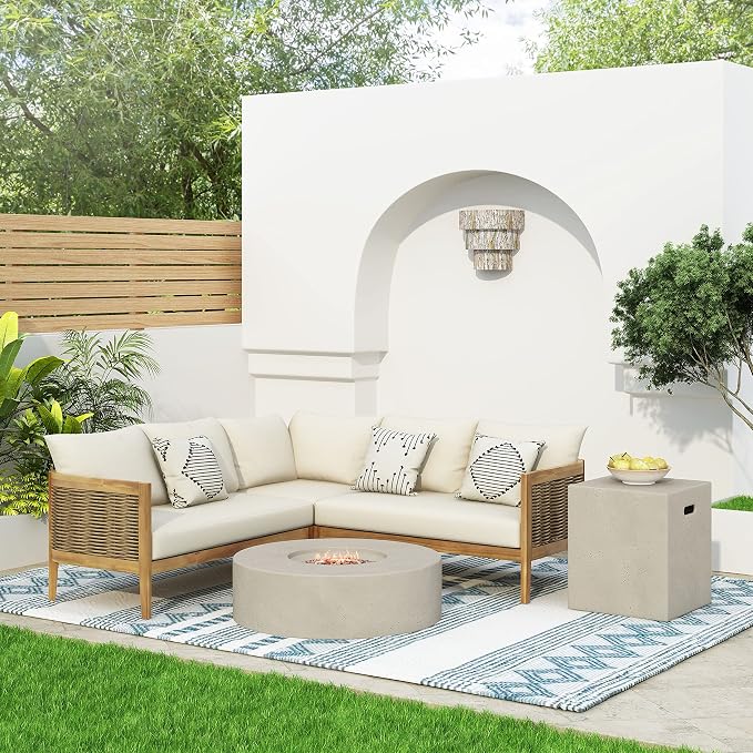 Christopher Knight Home Burchett Outdoor 5 Seater Sectional Sofa Chat Set with Fire Pit - Acacia Wood and Round Wicker - Teak/Mixed Brown/Beige/Light Gray