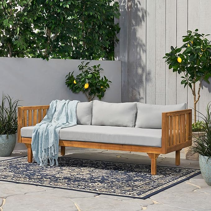 Merax Outdoor Acacia Wood Conversation Set - Patio 3-Seat Loveseat Sofa w/Coushion and Round Coffee Table for Backyard, Lawn, Balcony, Teak+Light Gray/Light Teak