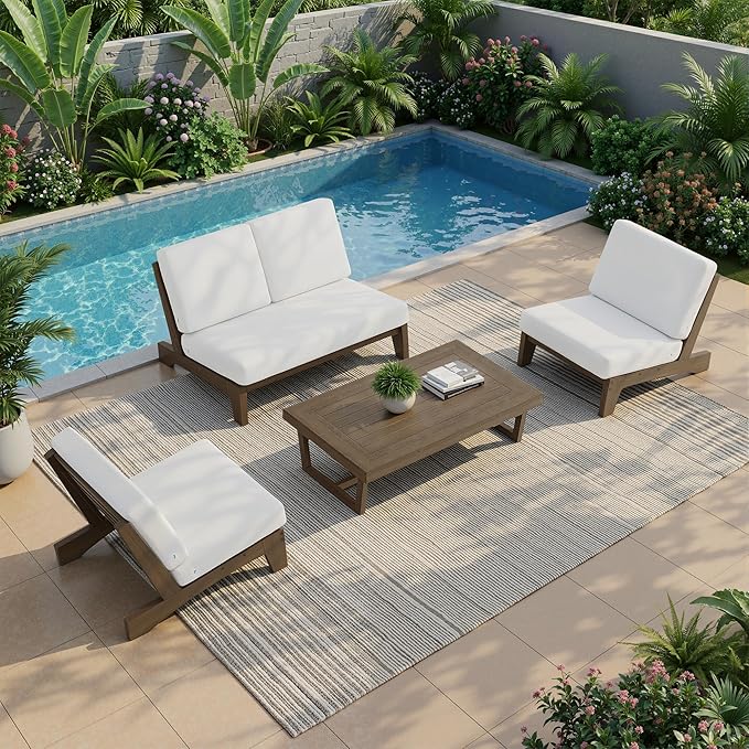 UIXE 5 Pieces All Weather Wood Patio Furniture Sets, 2 Patio Loveseat, 2 Patio Bistro Chair, Outdoor Sectional Sofa Furniture Backyard Conversation Set with Coffee Table - Beige