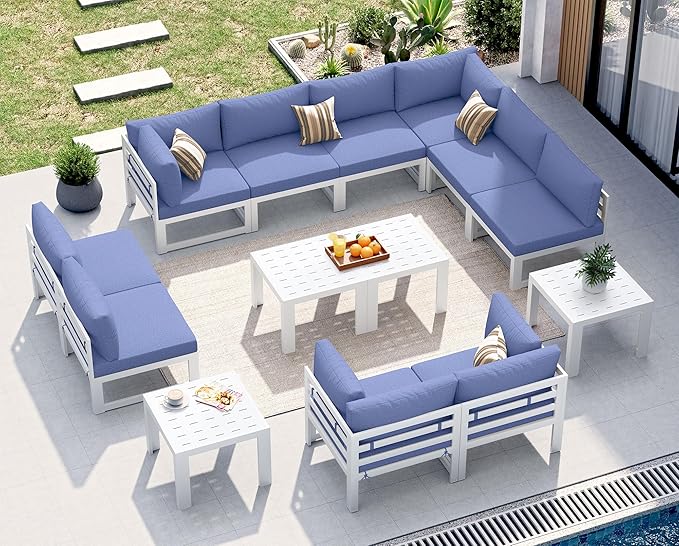 NICESOUL 14 Piece Extra Large Aluminum Outdoor Furniture Set, Rust-Proof Luxury Patio Sectional with Coffee Table, 500lbs Sturdy Comfortable Couch Sofa Conversations for Outside Garden, Denim Blue