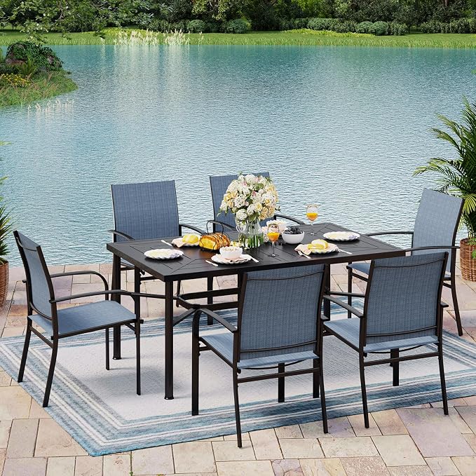 MIXPATIO 7 Pieces Patio Table and Chairs Set, Patio Dining Set for 6, 6 Textilene Chairs and 1 Metal Rectangle Dining Table with Umbrella Hole, for Deck Backyard Lawn Poolside, Blue