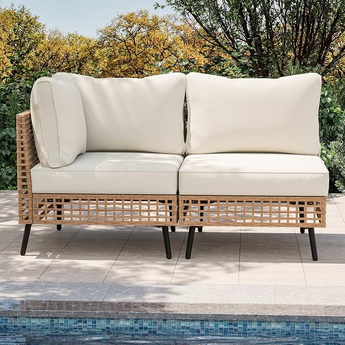 LAUSAINT HOME Outdoor 2 Pieces PE Wicker Patio Furniture Set, All-Weather Rattan Sectional Sofa with Thick Cushions for Garden, Yard and Balcony (Beige)