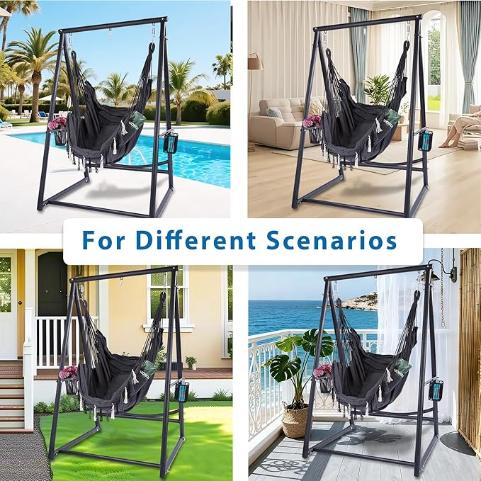 Hammock Chair with Stand Hanging Rope Swing Chair, Heavy-Duty Steel Max 350 LBS Capacity for Indoor Outdoor Patio Garden Balcony (Black)