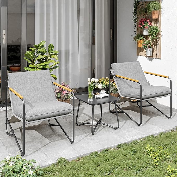 3-Piece Patio Furniture Set, Compact Outdoor Conversation Set with 2 Chairs and Glass Table, Weather-Resistant for Apartment Patio, Small Spaces, Balcony, Backyard – Grey