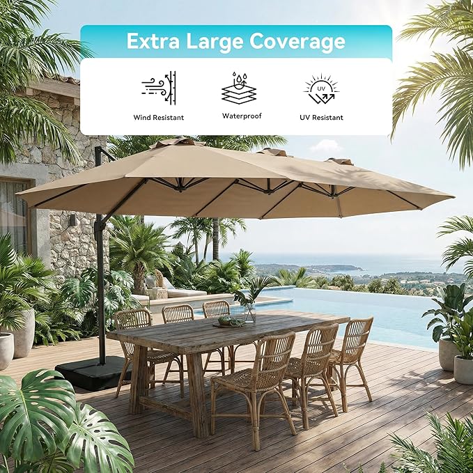 COSIEST 8 * 13FT Cantilever Patio Umbrella with Base,Large Rectangle Offset Umbrella，Heavy Duty Double-Sided Table Market Umbrella for Garden, Pool, Deck Shade, Khaki