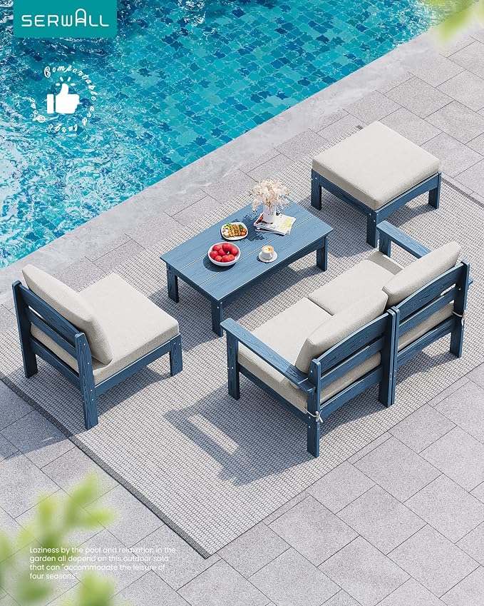 SERWALL HDPE Patio Loveseat Sofa, 2 Pieces Single Sofa, Weather-Resistant Outdoor Furniture Chair with Thick Removable Cushion, Balcony, Garden, Backyard, Poolside, Blue Frame with Khaki Cushion