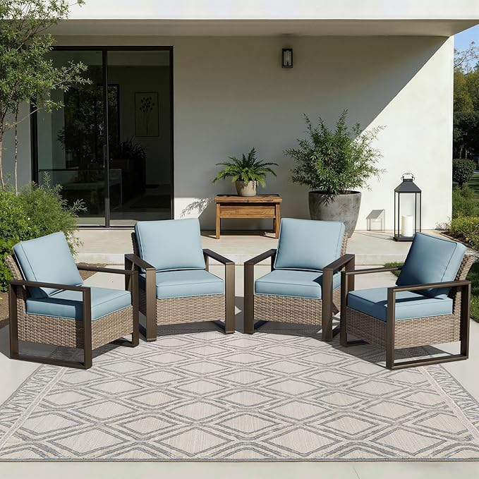 Joyside Outdoor Patio Chairs Set, 4 Pieces Wicker Rattan Chairs with Metal Wide Armrest, Thick Cushions and Deep Seating for Garden, Backyard, Porch, Deck