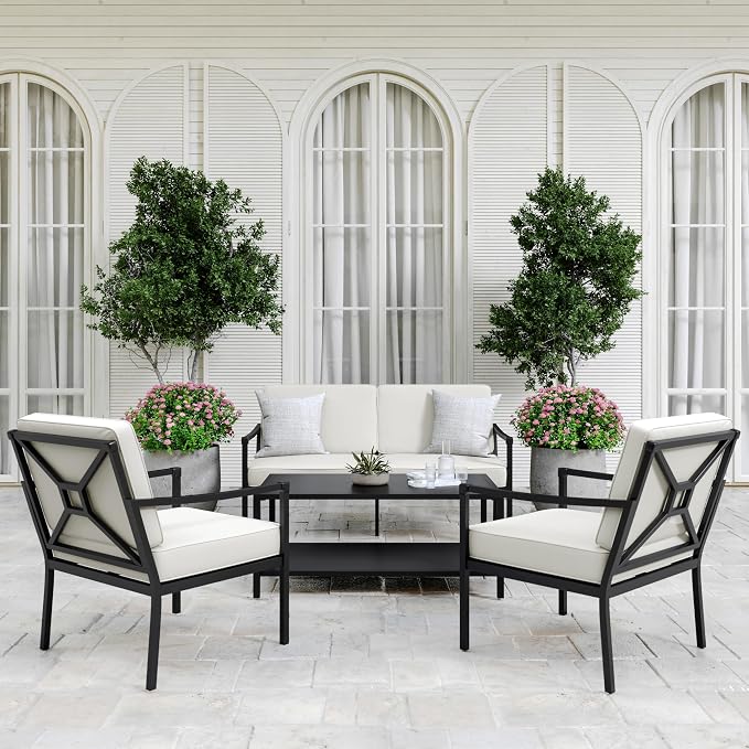 Martha Stewart Lily Pond All-Weather Patio Coffee Table with Lower Display Shelf and Steel Frame in Black