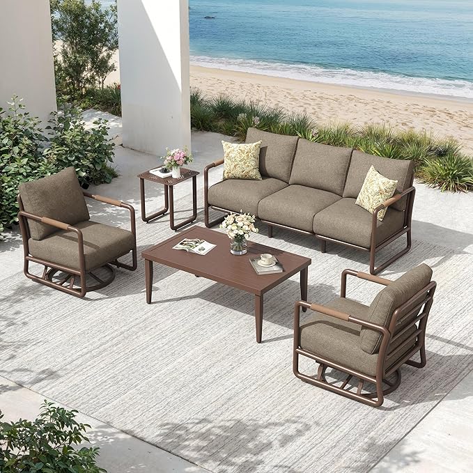 5-Piece Outdoor Aluminum Patio Furniture Set, All-Weather Patio Conversation Set with 2 Swivel Rocking Chairs, 3-Seat Sofa & Rectangular Coffee Table for Pool, Garden, Balcony – Brown