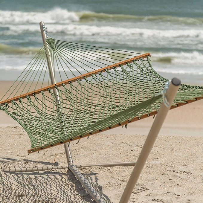 Hatteras Hammocks Large Meadow DuraCord Rope Hammock – 13 ft. x 55 in., 2-Person, 450 lb Capacity, Cumaru Spreader Bar, Zinc-Plated Hardware – Handcrafted in The USA