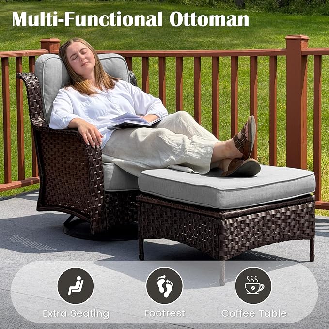 Sundale Outdoor 6 Piece Wicker Patio Furniture Set, High Back Outdoor Couch with Swivel Chairs & Ottoman, 6" Thick Cushion Patio Conversation Sets with Deep Seating for Yard, Deck (Grey)