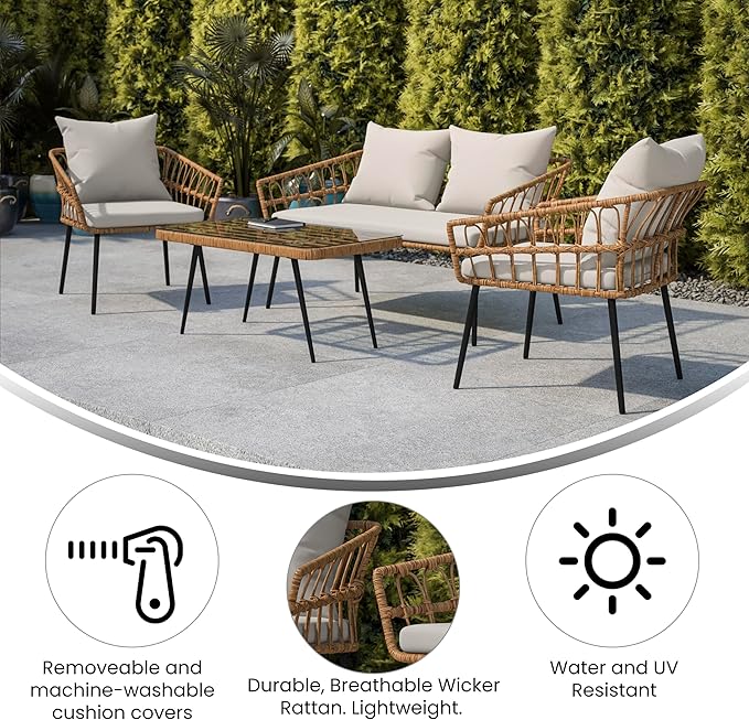 Flash Furniture Evin Boho 4 Piece Patio Conversation Set - Natural Rope Rattan - Gray All-Weather Cushions - Tempered Glass Top Coffee Table - Indoor/Outdoor