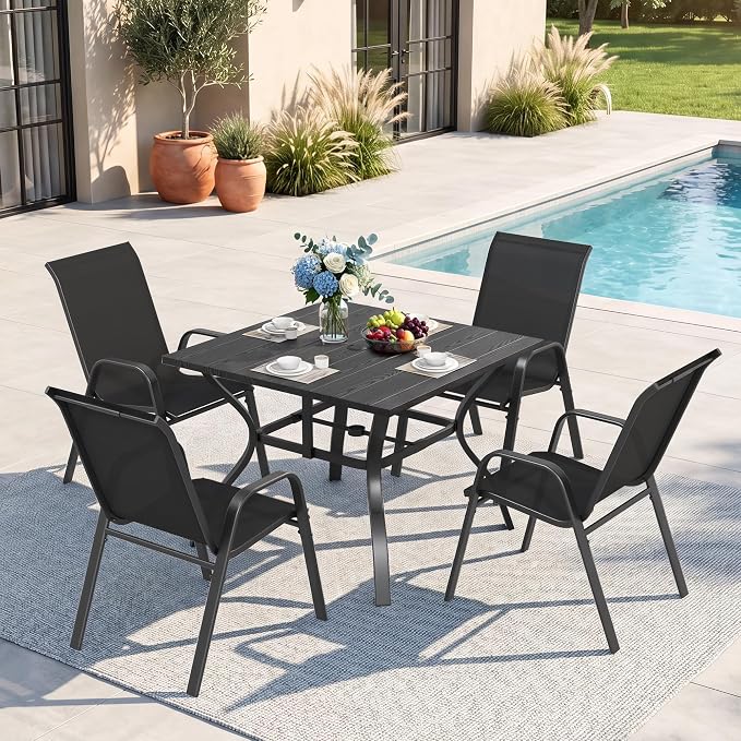 Outdoor Dining Set for 4, Patio Metal Table and Chairs Set with 1.97'' Umbrella Hole, 5pcs Patio Furniture Set 37.8”x37.8” Dining Table Set with Stackable Chairs for Backyard Pool Deck