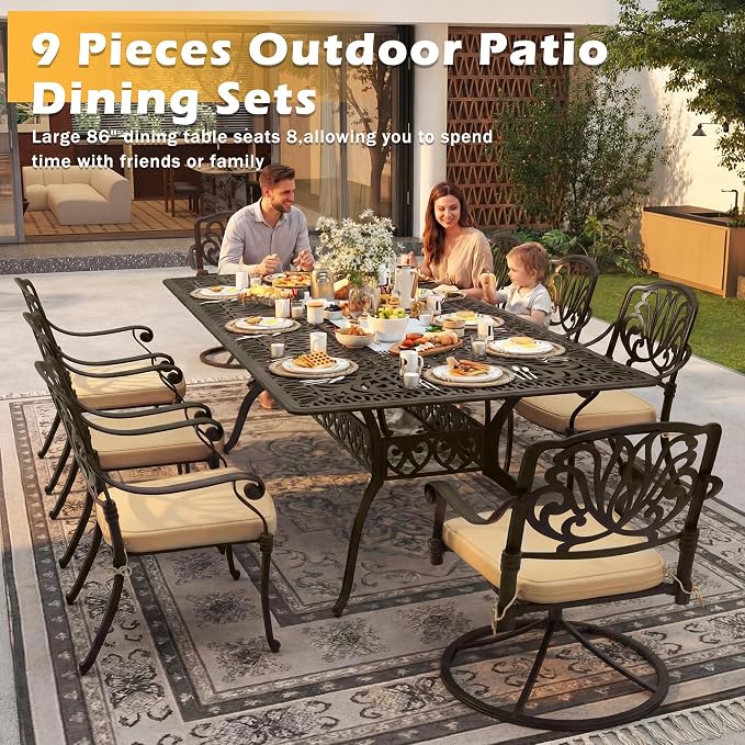 9-Piece Outdoor Dining Set, Retro Bronze Cast Aluminum Patio Furniture Include 86.6" Rectangle Table and 8 Fixed Chairs with Cushion and Umbrella Hole for Patio Deck Garden