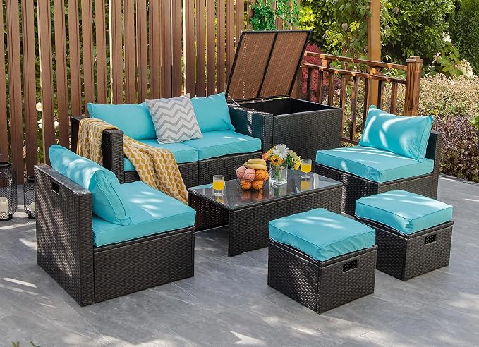 RELAX4LIFE 8-Piece Patio Furniture Set - PE Wicker Conversation Set w/Cushions, Pillows, Tempered Glass Table, Storage Box, Outdoor Sectional Sofa Set for Yard, Deck (Turquoise)