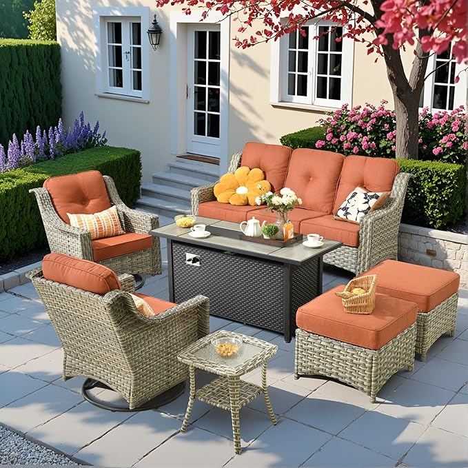 HOOOWOOO Patio Furniture Set,7 Pieces Wicker Outdoor Furniture,High Back Conversation Set with All Weather Resistant Fire Pit Table Couch Swivel Chairs Ottomans,Red