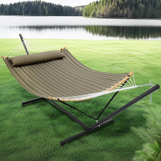 SUPERJARE Curved-Bar Hammock with Stand, 2 Person Heavy Duty Hammock Frame, Detachable Pillow & Portable Carrying Bag, Perfect for Outdoor & Indoor, Olive Gray