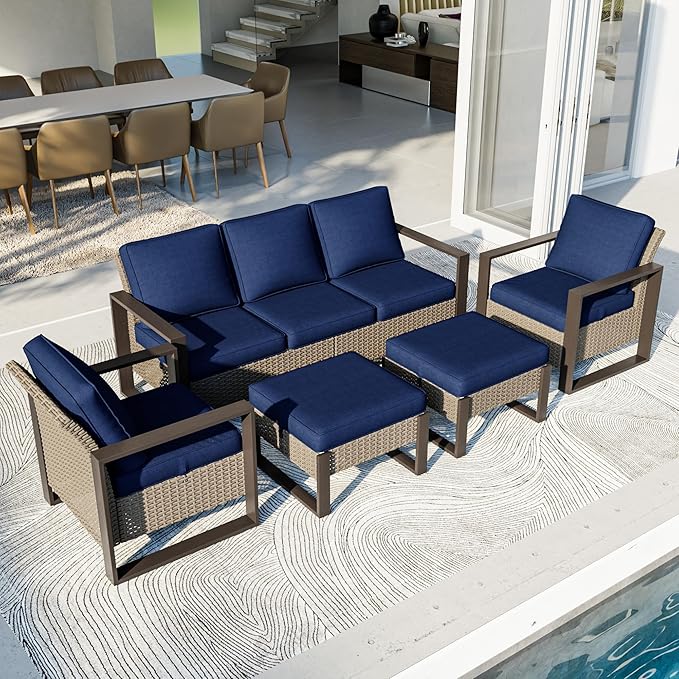 Outdoor Patio Furniture Set, 5 Piece Wicker Patio Conversation with Deep Seating, Thicken Cushions, Outdoor Club Chair, Metal Outdoor Furniture for Deck, Porch, Yard Use (Blue, 5 PCS/Chairs)