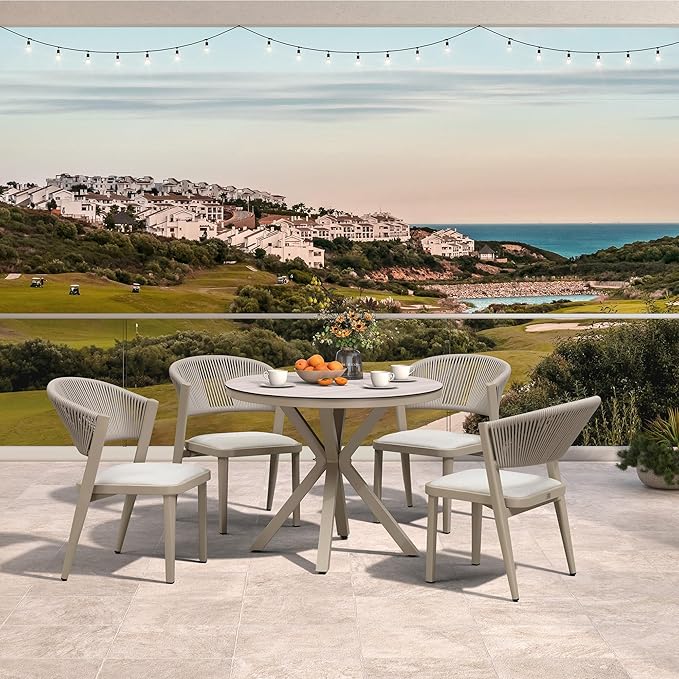 PURPLE LEAF 5 Pieces Round Dining Set Aluminum Frame and Wicker Rattan Patio Table and Chairs with Cushions for Garden Deck Outdoor Champagne