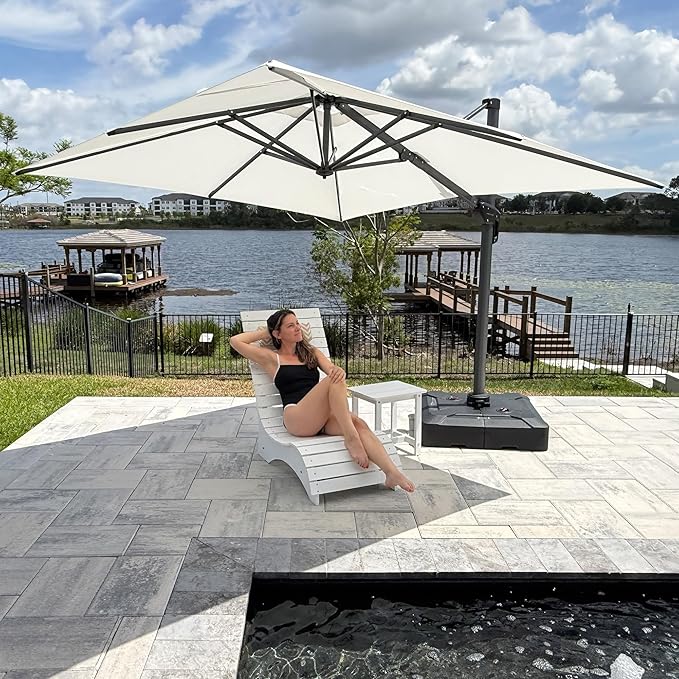 PURPLE LEAF 8' X 8' Patio Umbrella with Base for Pool 7' High Offset Outdoor Cantilever Umbrella Swimming Pool Umbrella with 360°Rotation for Poolside White