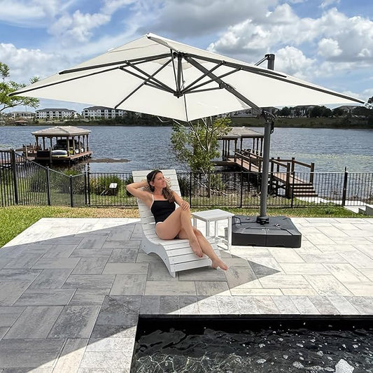 PURPLE LEAF 8' X 8' Patio Umbrella with Base for Pool 7' High Offset Outdoor Cantilever Umbrella Swimming Pool Umbrella with 360°Rotation for Poolside White
