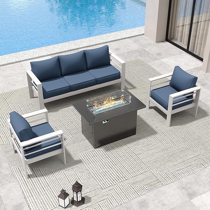 Amopatio Patio Furniture with Fire Pit, 6 Pcs Aluminum Outdoor Sectional Metal Patio Sofa Set with Aluminum Fire Pit Table for Backyard,White&Blue(Included Waterproof Covers)