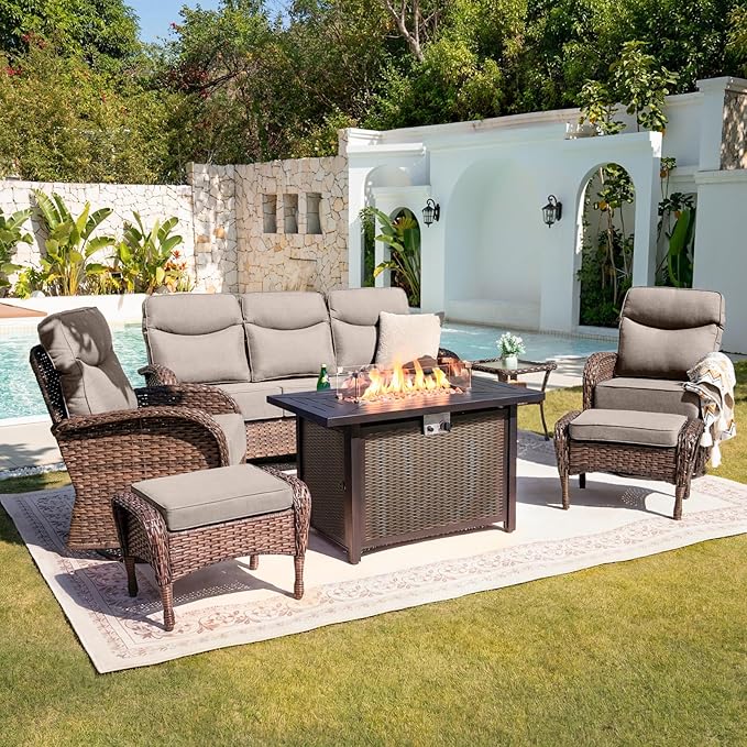Belord Upgraded 6“ Cushion Luxury Patio Furniture Set with Fire Pit Table - 7 Piece Wicker Furniture Set with High Back Swivel Rocker Patio Chairs, Conversation Set for Deck Porch Yard - Brown/Beige