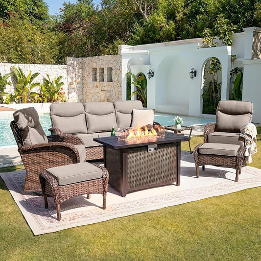 Belord Upgraded 6“ Cushion Luxury Patio Furniture Set with Fire Pit Table - 7 Piece Wicker Furniture Set with High Back Swivel Rocker Patio Chairs, Conversation Set for Deck Porch Yard - Brown/Beige