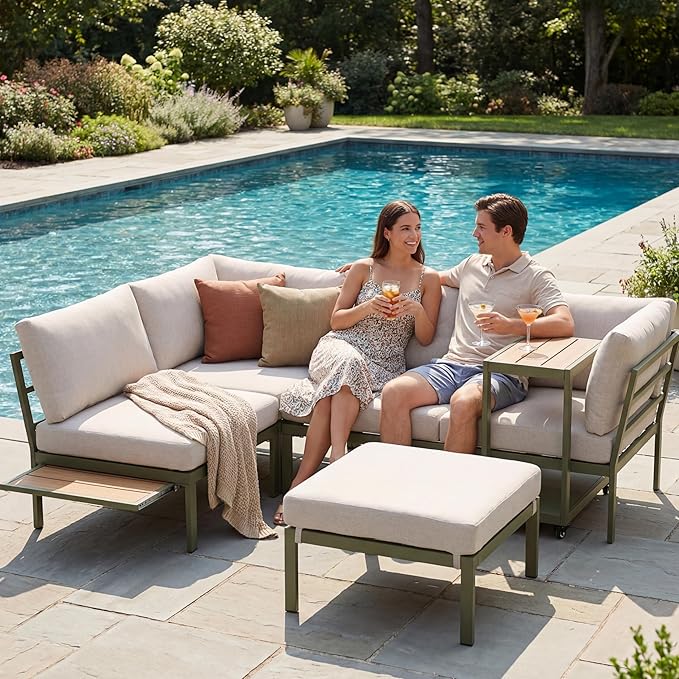 Patio Sectional Sofa Set, Outdoor Conversation Furniture Set, Outdoor Couch Sectional, Outside Sets, Patio Furniture Sets for Backyard, Garden, Lawn, Poolside, Beige
