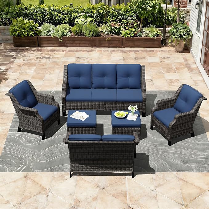 Outdoor Patio Furniture Set, 6 Piece Wicker Patio Furniture with Thick Cushions, Curved Armrest, Deep Seating, Rattan Outdoor Chairs for Porch, Deck, Balcony