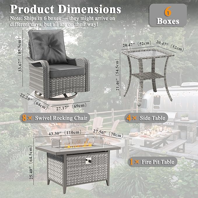 13 Piece Wicker Patio Furniture Set with 55,000 BTU Fire Pit Table, Swivel Rocking Chairs, 4''Cushions, PE Rattan, Wind Guard Glass, for Backyard, Deck or Balcony, Black