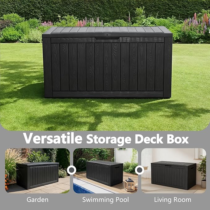 KAMABOKO 110 Gallon Waterproof Large Resin Deck Box, Lockable Large Outdoor Storage Box Indoor Outdoor Storage Container for Patio Cushions, Gardening Tools, Pool Supplies, Black