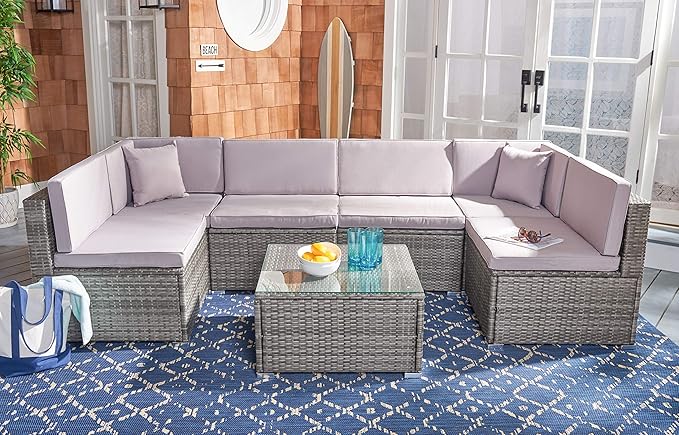 SAFAVIEH PAT7510B-2BX Collection Sectional Diona Grey Outdoor Living Patio Set, Grey/Grey