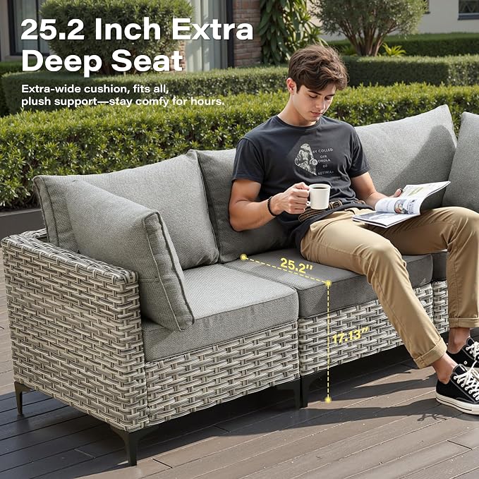 8 Pieces Outdoor Sectional Patio Furniture Set with Swivel Rocking Chairs,Conversation Sets Rattan Wicker L Shaped Couch,Modular Outdoor Sofa for Porch Balcony Backyard Dark Grey