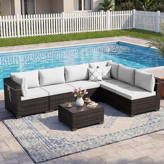LEVELEVE 7 Pieces Outdoor Patio Furniture Sets,Rattan Conversation Sectional Set,Manual Weaving Wicker Patio Sofa with Tea Table