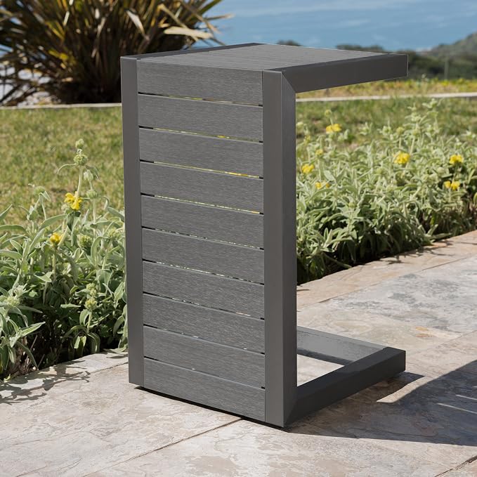 24" H Aluminium Patio Side Table, Small C-Shaped Outdoor Sofa Table,Coffee Table for Patio, Garden,Balcon,Grey