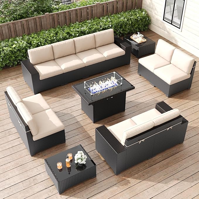 LayinSun 13 Pieces Patio Furniture Set with Fire Pit Table, Black Rattan Modular Sectional Patio Conversation Sofa Set