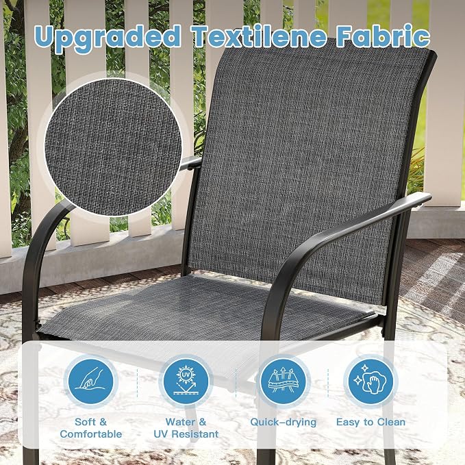 DIFY Outdoor Dining Set for 6, Patio Dining Furniture Set Includes 47.2" Black Round Table with Adjustable Umbrella Hole and 6 Grey Stackable Metal Chairs for Poolside, Garden, Backyard