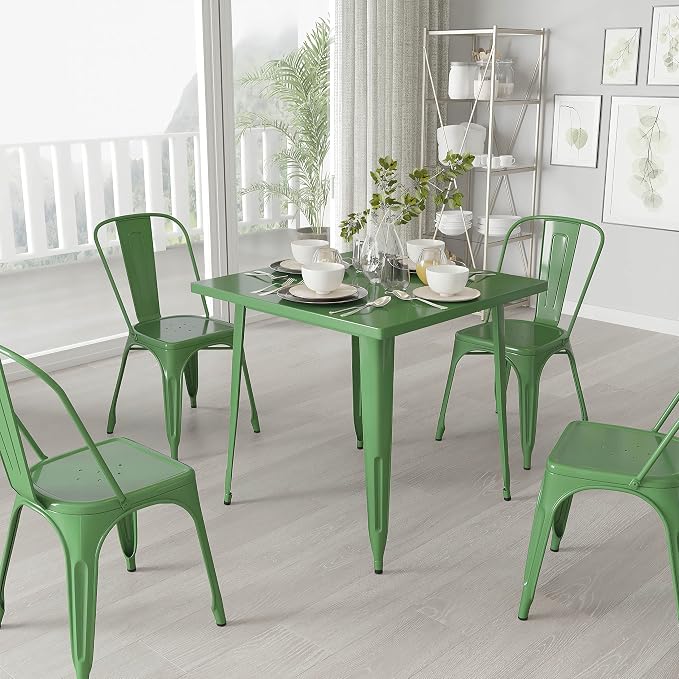 Merrick Lane Nash Indoor-Outdoor Dining Table Only - Green Powder Coated Finish - 31.5" Square Top - 27.25" Wide Base - Bracing for Added Stability