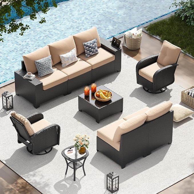 LazySunsets 9 PCS Patio Furniture Set, Outdoor Sectional All-Weather Wicker Conversation Set with Swivel Rocker Chairs, 4'' Thick Cushions for Backyard Poolside(Cream/Black)