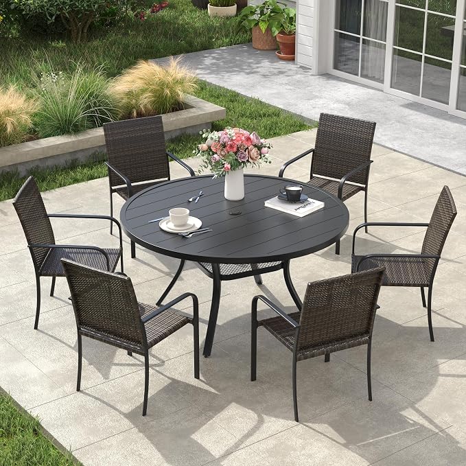 VICLLAX 7 Pieces Patio Dining Set, 6 Stakable Wicker Outdoor Chairs and 47" Patio Round Metal Table with Umbrella Hole for Backyard Lawn Deck, Black Tabletop