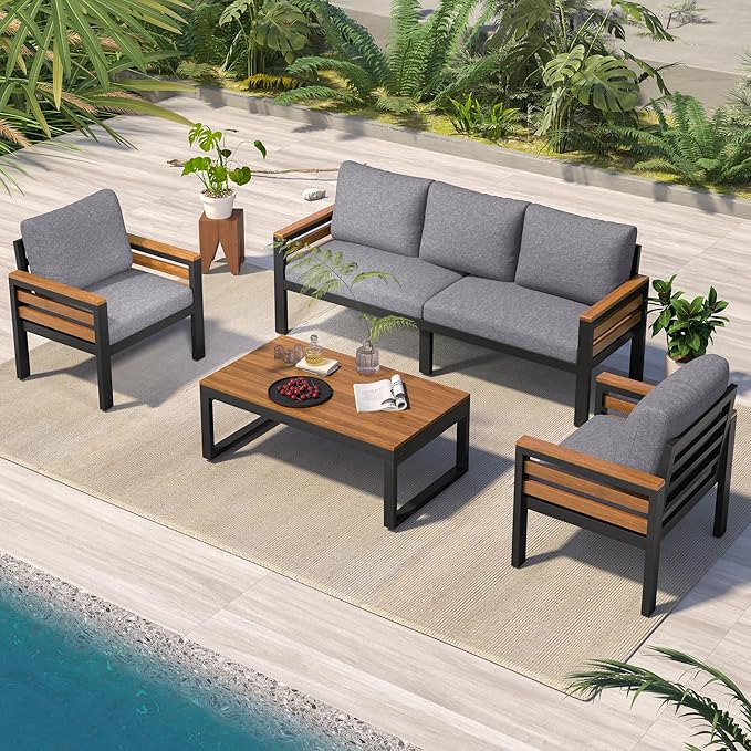 4-Piece Patio Set, Outdoor Furniture Sofa Set for 5 People with Acacia Wood Armrests, Conversation Set with Solid Wood Coffee Table, 2 Single Chairs, 3-Seater Sofa for Garden and Backyard (Gray/453)