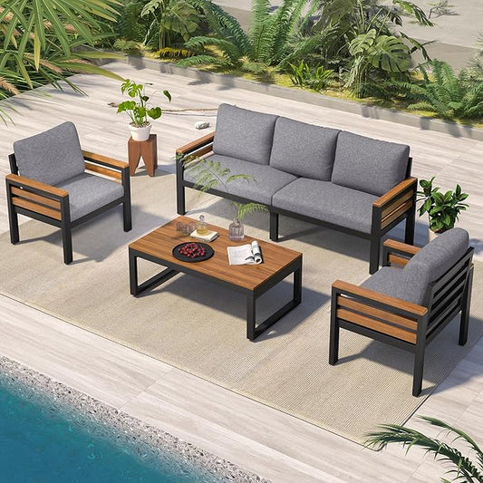 4-Piece Patio Set, Outdoor Furniture Sofa Set for 5 People with Acacia Wood Armrests, Conversation Set with Solid Wood Coffee Table, 2 Single Chairs, 3-Seater Sofa for Garden and Backyard (Gray/453)