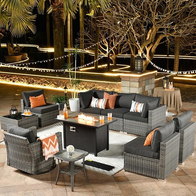 ovios 10 Piece Outdoor Patio Furniture Set with Fire Pit Table,Conversation Sectional Wicker Couch with Swivel Chairs,Modern Outside Sofa for Balcony Backyard, Black