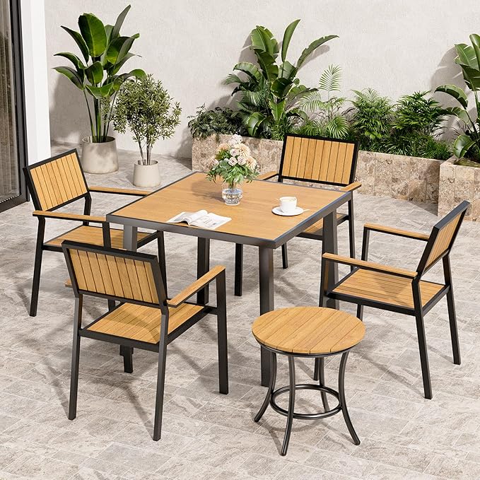 6-Piece Patio Dining Set, Outdoor Weather Resistant Plastic-Wood Table & 4 Stackable Chairs, Outdoor Durable Aluminum Frame Furniture for Garden, Poolside, Backyard (Teak, 6 PCS)