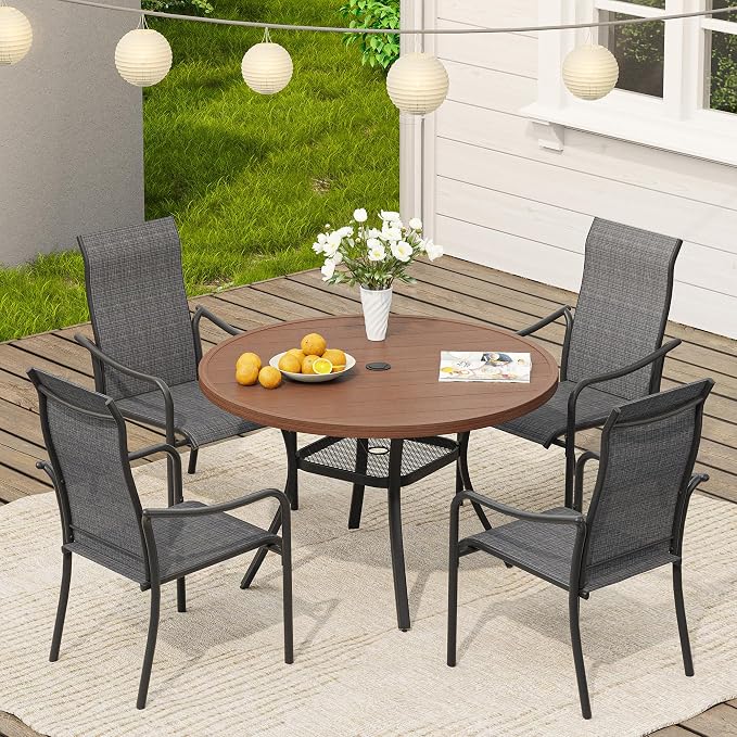 VICLLAX 40.6" Round Patio Table, Outdoor Dining Table for 4 with Umbrella Hole for Garden Lawn Deck Backyard, Walnut
